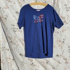 L Quacker Factory Navy Short Sleeve Butterfly Rhinestone Tee 1 Small Call Out.